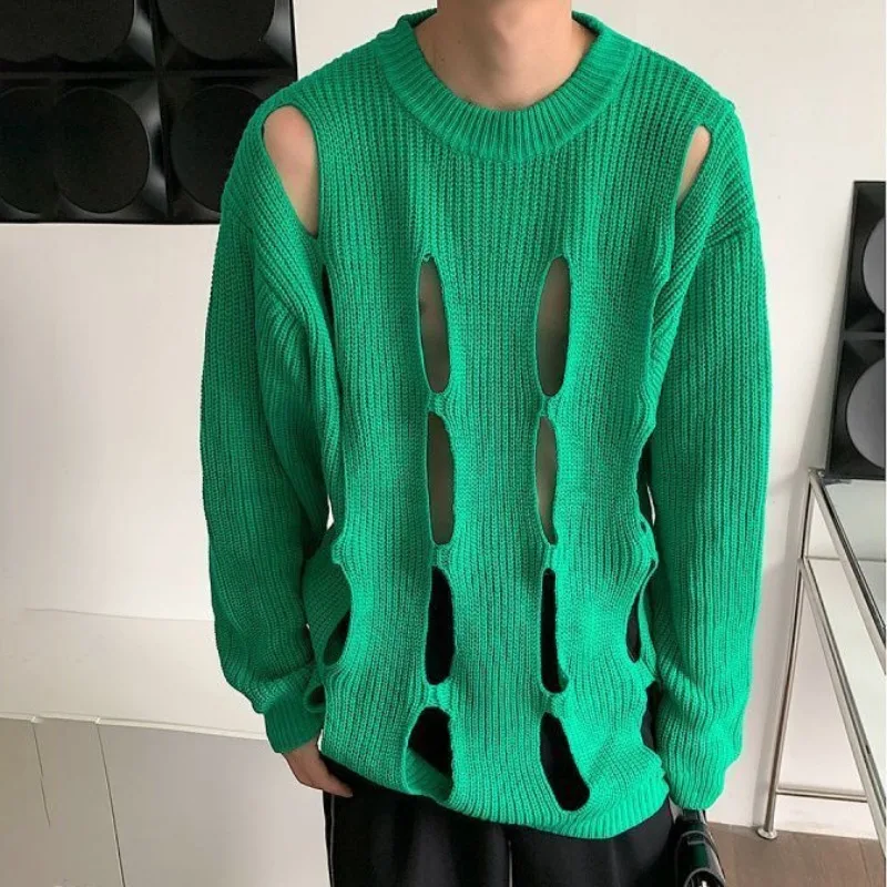 Autumn Japanese Trend Lazy Style Hollow Knitted Sweater Men's and Women's Long Sleeved Loose Jumpers Soft Casual Ripped Sweater