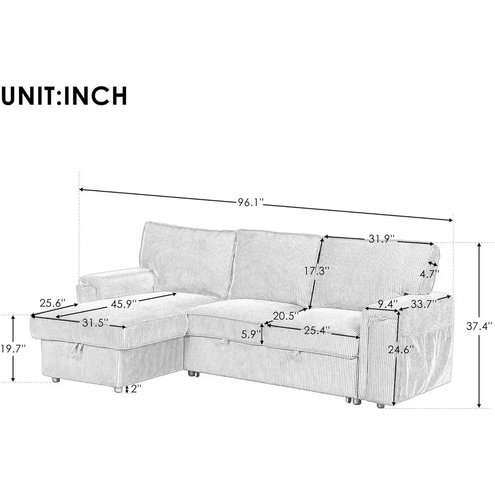 96 Corduroy 2-in-1 Convertible Sofa Bed with Storage Chaise, L-Shaped Couch, 3 Seater Living Room Furniture, Beige