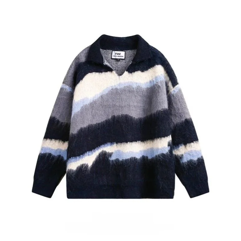 

American Sle Vintage Irregular Color Blo Striped Sweater Men Women Autumn Winter New Lazy Sle Fake Mink Collar Kni...