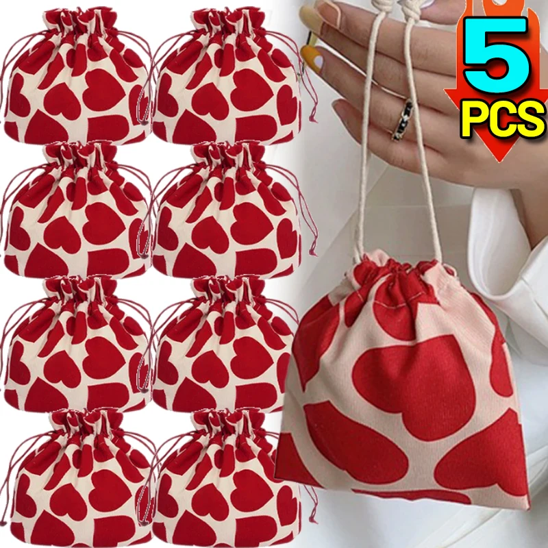 

1/5PCS Travel Organizer Storage Bags Hearts Print Pattern Drawstring Portable Makeup Pouches for Valentine Couples Daily Gifts