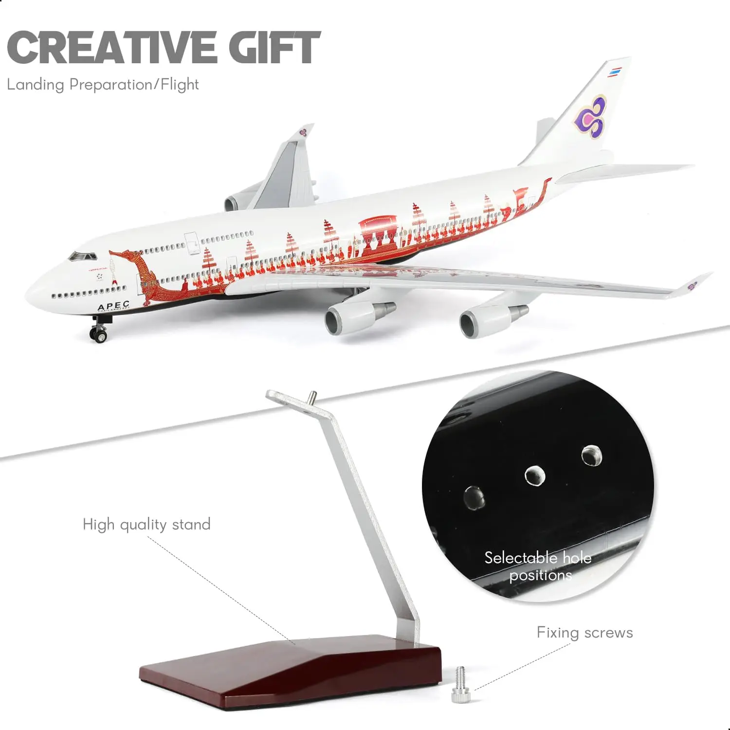 

1/150 Scale 47cm Airplane B747 Thai Dragon Boat Model With Light & Wheels Diecast 747 Resin Toy plane Collected Gift By Aviation