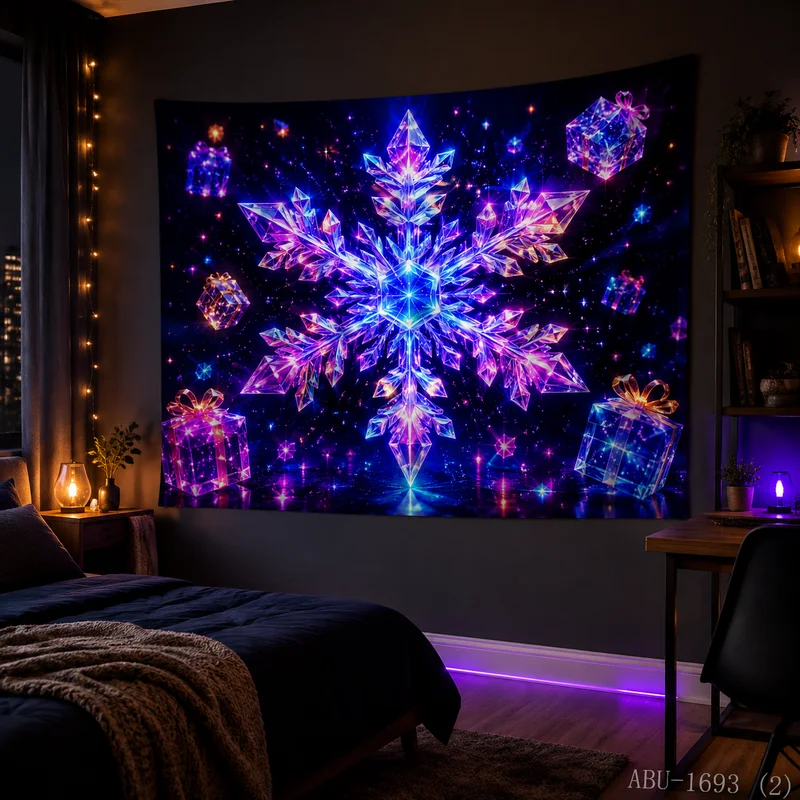 VIKAMA Neon Purple Blue Crystal Snowflake Gift Box Starry Water Reflection Gem Glow Art Christmas Tapestry Wall Hanging Bedroom