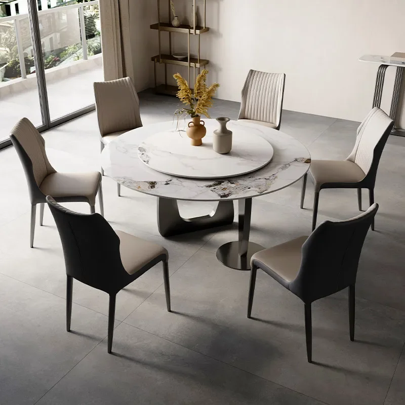 Rock dining table luxury high-end embedded turntable designer silent wind luxury stone light rock dining table and chair