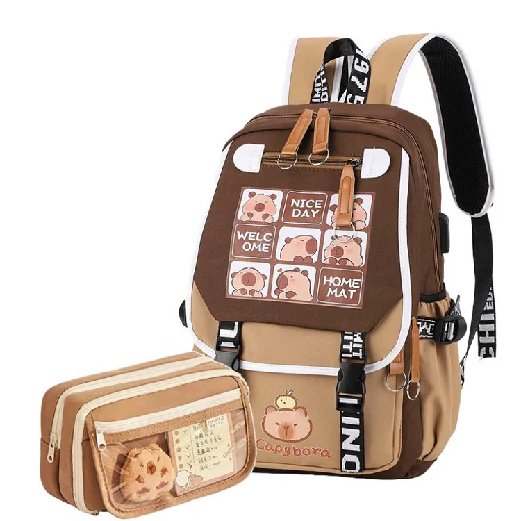 Cartoon Capybara Backpack with Pencil Case Cute Kawaii Backpack Large Capacity Capybara Flap Backpack Cute Bookbag for Students