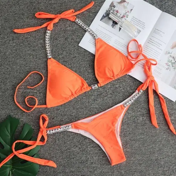 Mais novo verão de luxo strass bandagem beachwear push up sutiã conjunto biquíni moda feminina verão diamante maiô