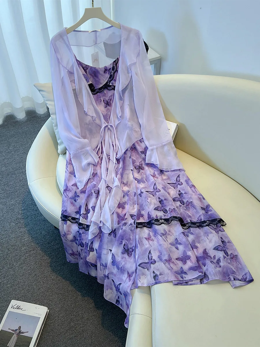 150Kg Plus Size Women's Bust 132-160 Summer Loose Butterfly Printed Camisole Dress With Cardigan Set Purple 5XL 6XL 7XL 8XL 9XL