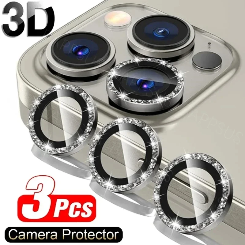 3PCS Camera Lens Protector For iPhone 11 12 13 Pro Max 14 15 16 Pro Max Diamond Metal Protective Glass For iPhone 14 15 16 Plus