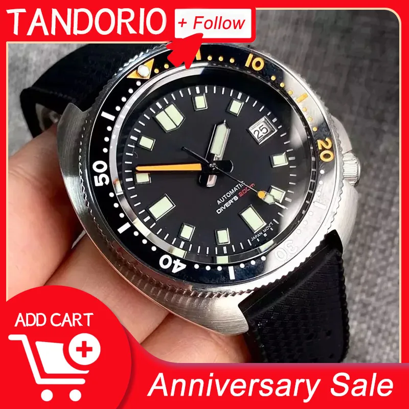 Tandorio 44mm Turtle Series 200m Waterproof Sapphire Crystal Glass NH35A White Date C3 Lume Hands Automatic Men Dive Watch