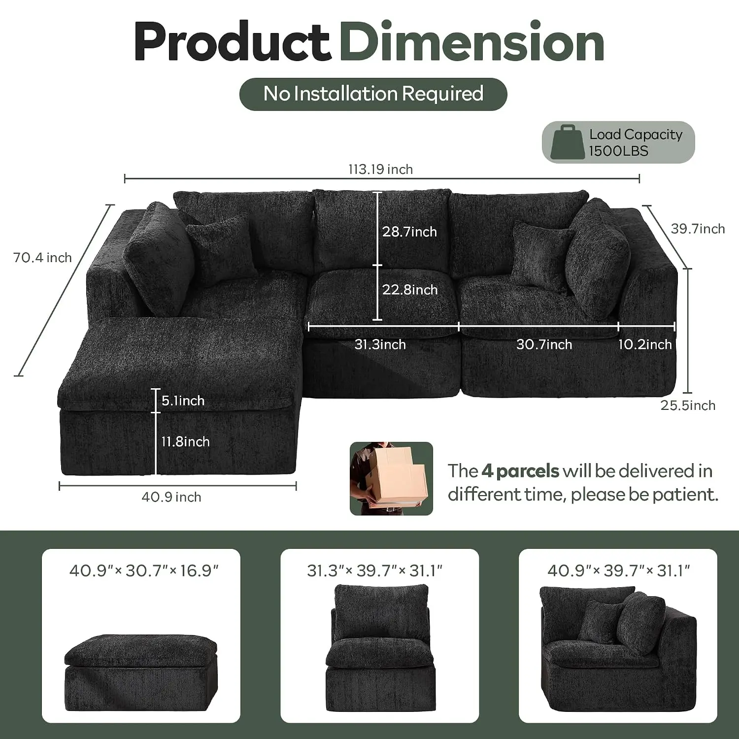 Modern Black Modular L Shape Sectional Sofa with Ottoman, Comfy Oversized Corner Couch, 3 Seater, Customized