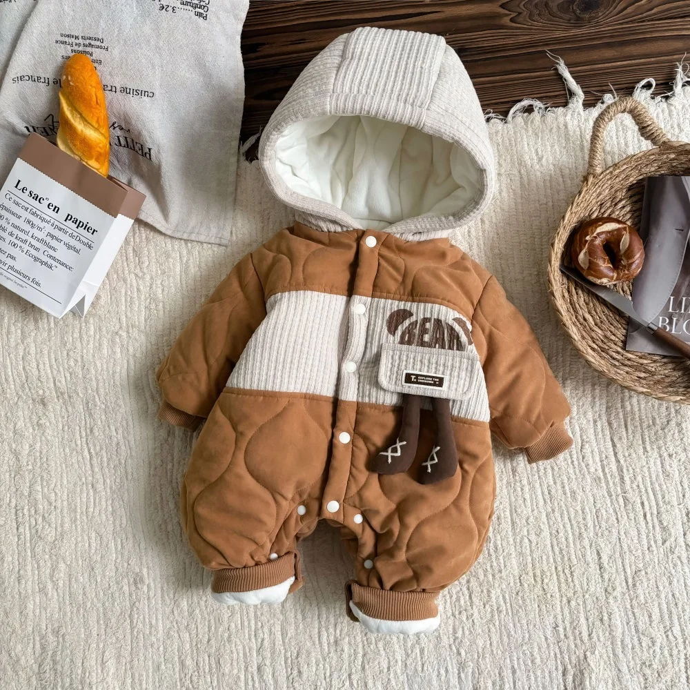 

Ins 2024 Winter Korean Baby Boys Jumpsuit Hooded Spliced Cartoon Thickened Warm Infant Boys Rompers Newborn Boys Bodysuit