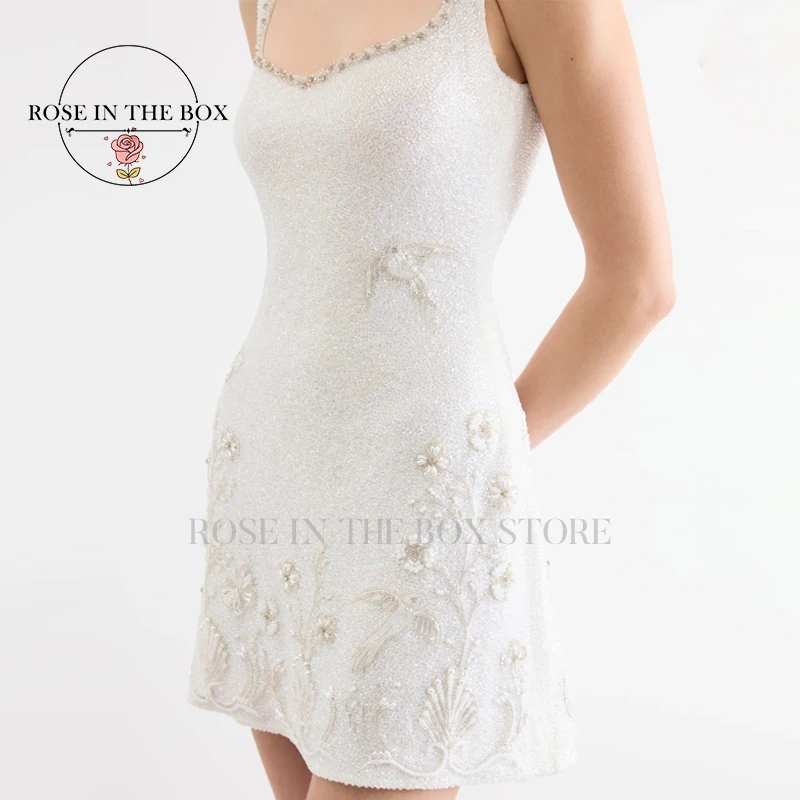 

ROSEINTHEBOX Потрясающее белое мини-платье с бисером, вечернее платье с ручной вышивкой, элегантные вечерние платья по индивидуальному заказу, свадебное платье