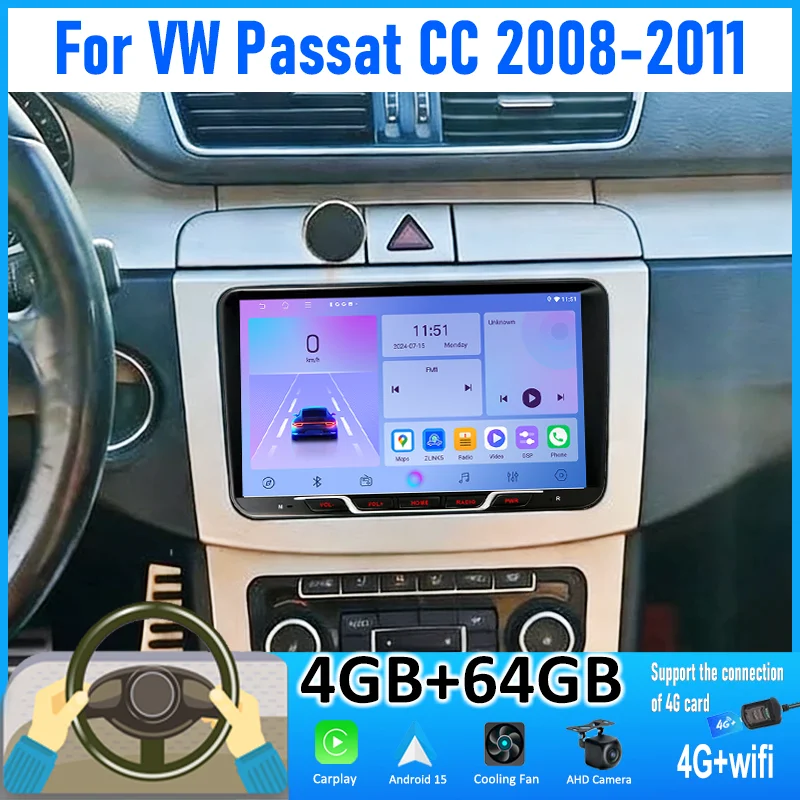 

9'' 4+64GB For VW Passat CC 2008-2011 Car Radio Android 15 Auto Support Wireless Apple Carplay 4G+WIFI 2DIN Google Map GPS