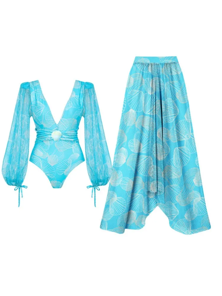 

Сетчатый купальник с высокой талией, сексуальный, женский, летний, комплект бикини с длинными рукавами, пляжный купальный костюм для женщин