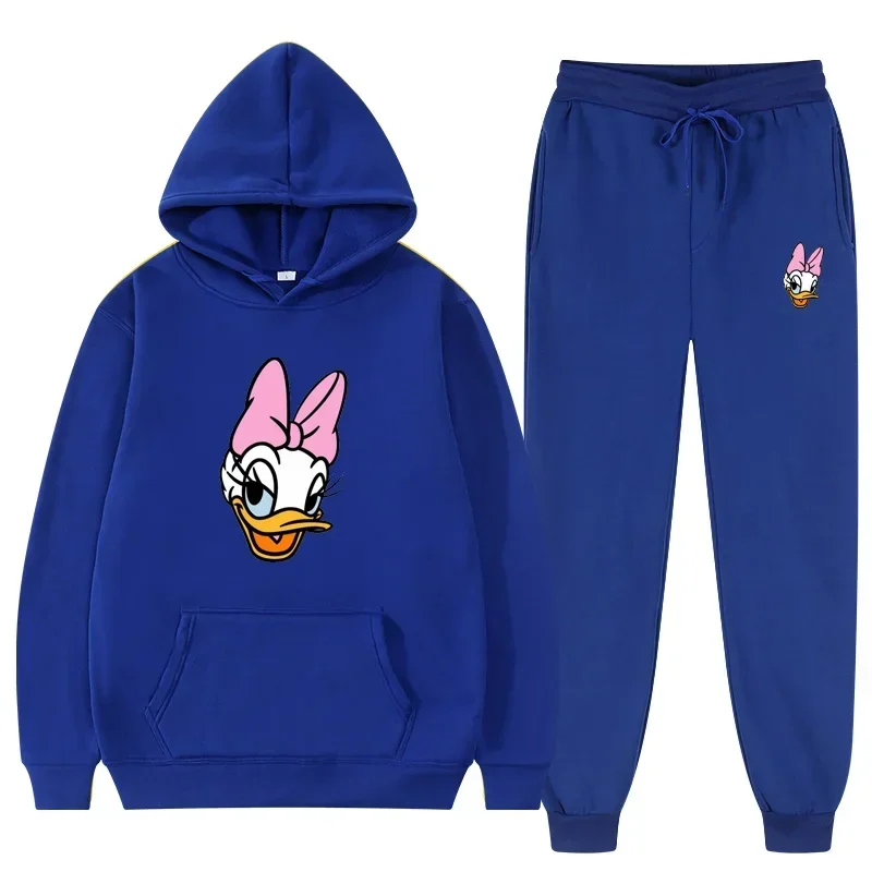 New Disney Daisy Duck Cartoon Print Casual Women\'s Pullover Long Pants Autumn Loose Hoodie+Pants 2 Piece Set