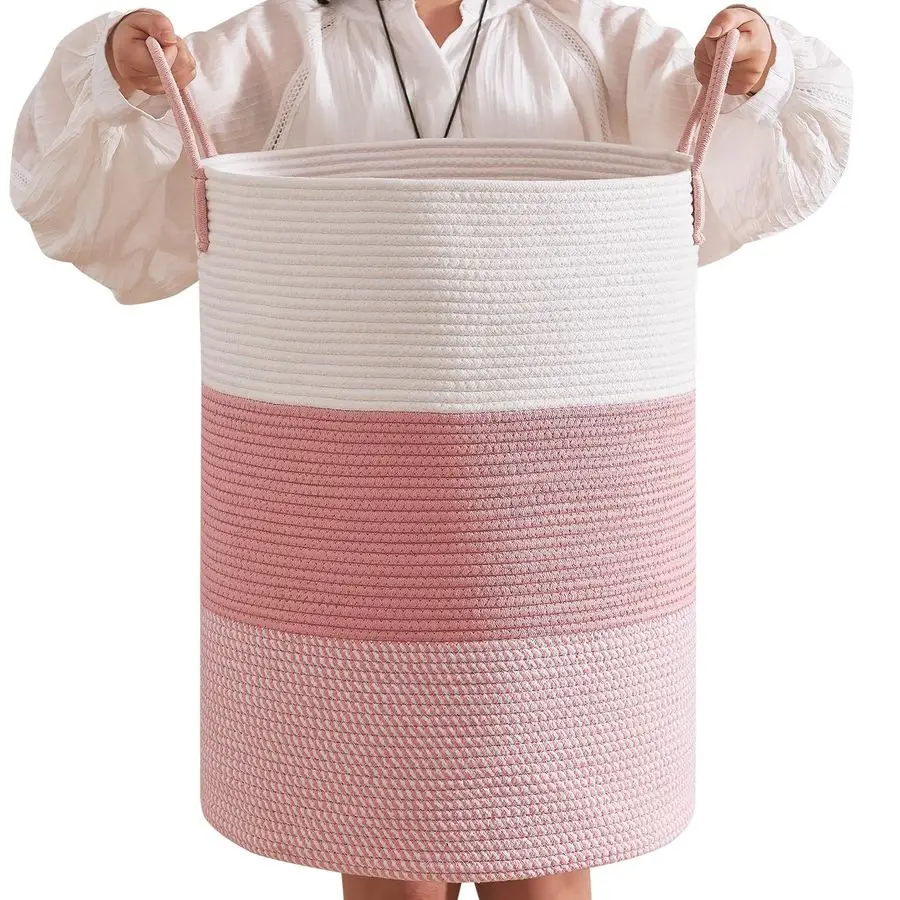 

Laundry Basket Round Storage Rope Basket 16.5x22.5 Inches Pink Hamper in Bedreoom and Cute Storage Bin for Blankets, Toys, and N