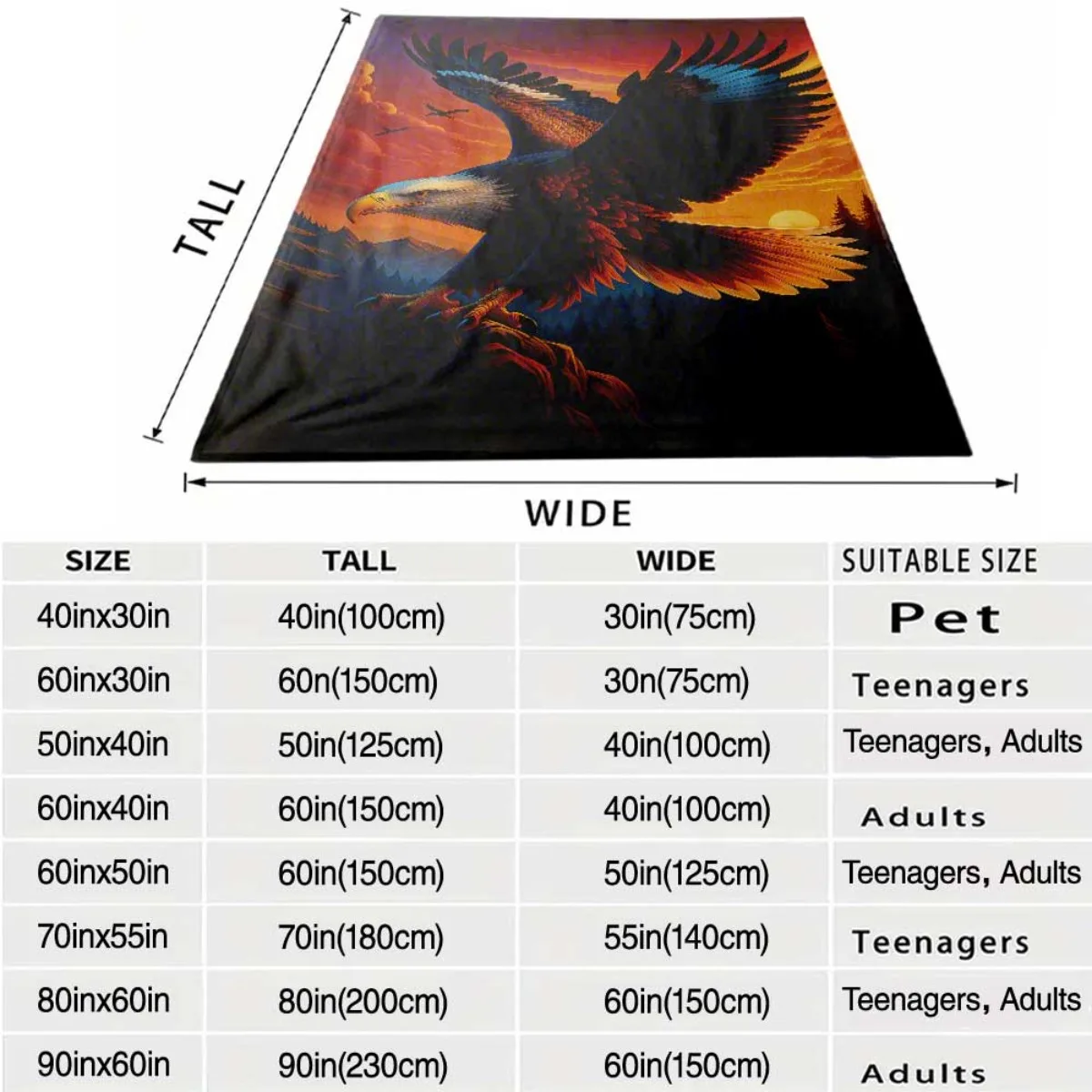 Majestic Eagle Sunset Art Print Blanket Throw 150x200cm Oversized Decorative Cozy   for Sofa Decor