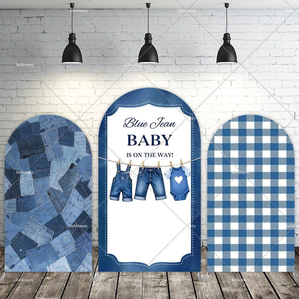 Blue Jean Baby Shower Arch Backdrop Cover Kids Newborn Gender Reveal Party Decoration Denim Blue Plaid Stripe Photo Background