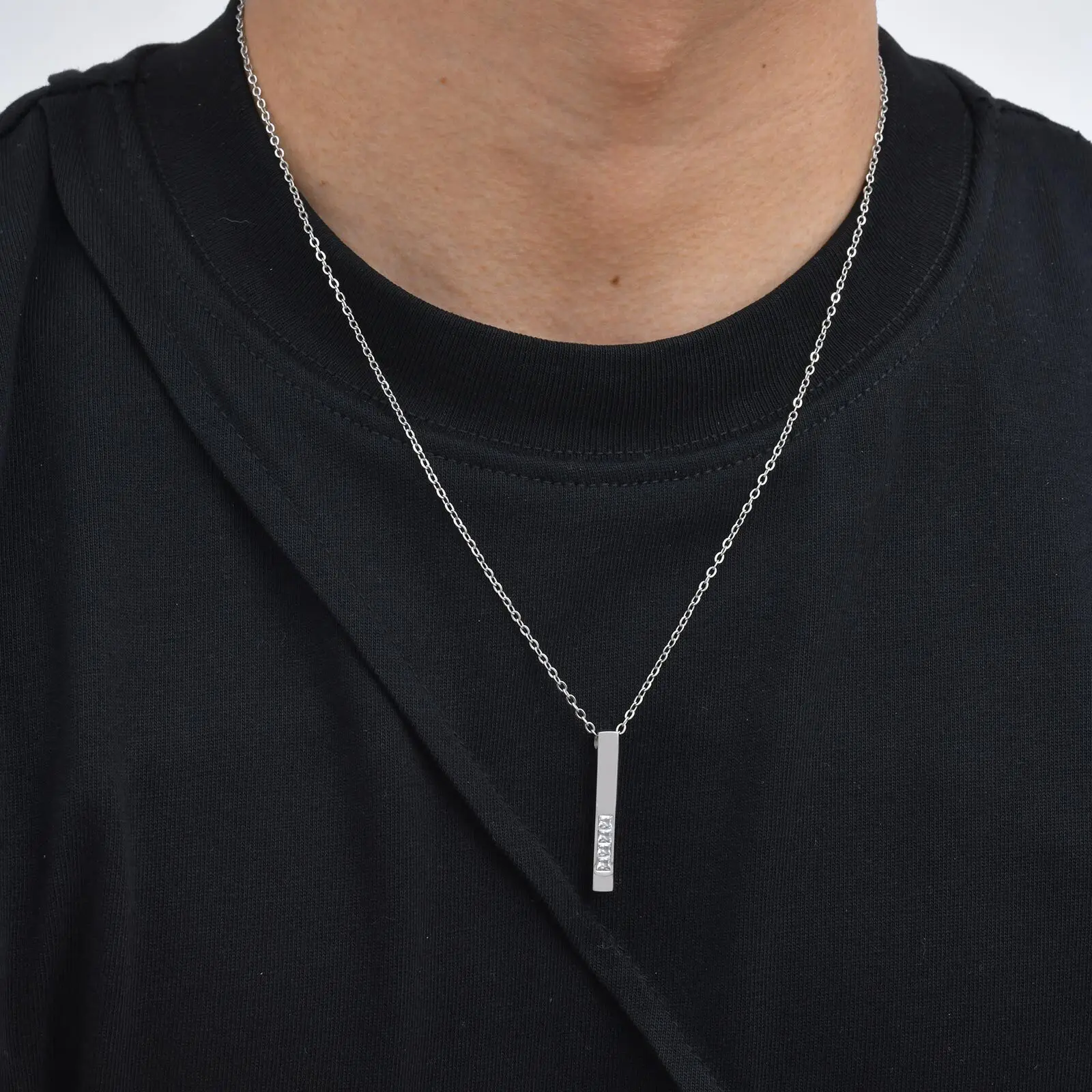 Vnox Stainless Steel Vertical Bar Pendant with White Zircon Necklaces for Men, Adjustable O-chain Metal Slim Dog Tag Jewelry New - Image 2