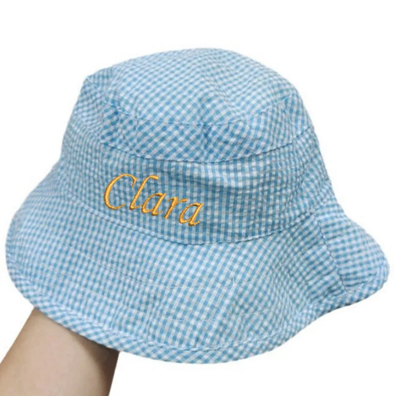 Personalized Plaid Children's Fisherman Hat, Round Top, Spring/Summer Baby Sun Hat, Baby Folding Strap Windproof Hat