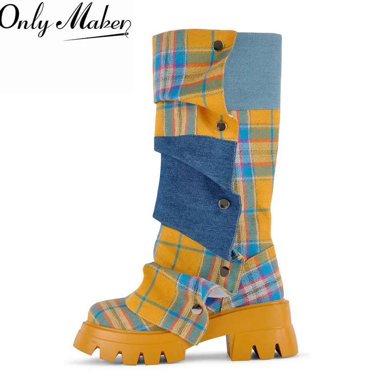 Onlymaker Damen-Stiefel mit runder Zehenpartie, abnehmbarer Plateausohle, kariert, mittelhohe Stiefel, umklappbare Stiefel, Blockabsatz, zum Überziehen, Damenstiefel