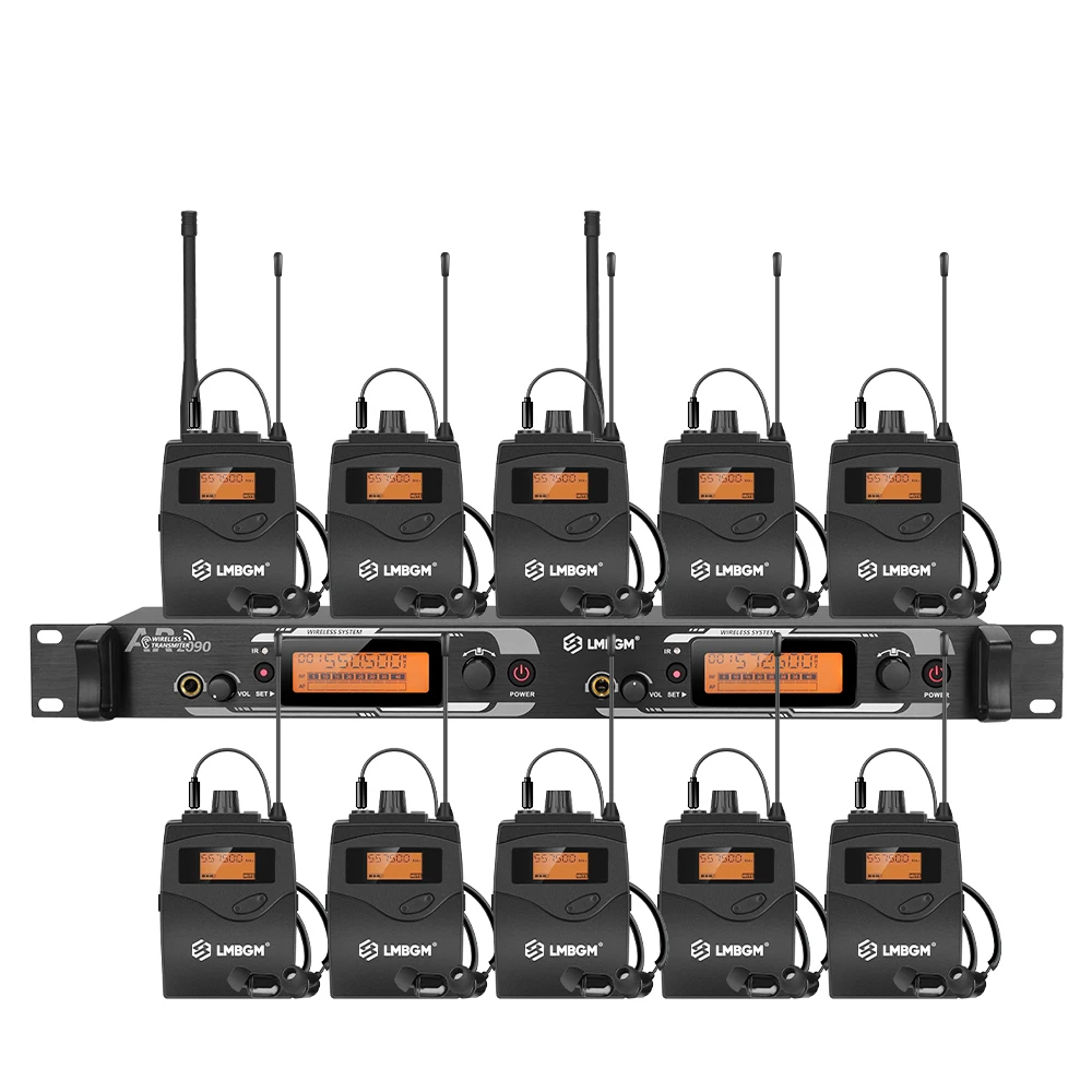 LMBGM-AR2090 Pro Stage Mono In Ear Monitoring System Dual Channel UHF164FT Range for Band, Recording Studio (8/10 Belt Packs)