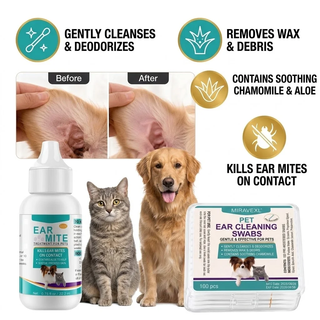 Pet Ear Mite Treatment Drops & 10e Pre-Moistened Swabs Kit, Gentle EarCleaner Wax Remover Solution for Dogs Cats Itch Relief