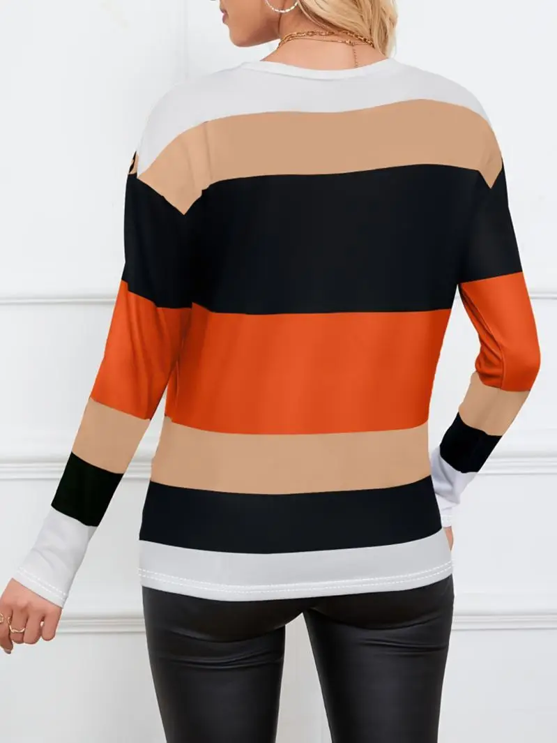 Women's Color Block Striped round Neck Long Sleeve Top Casual Loose Slimming Versatile Comfort Fit Top