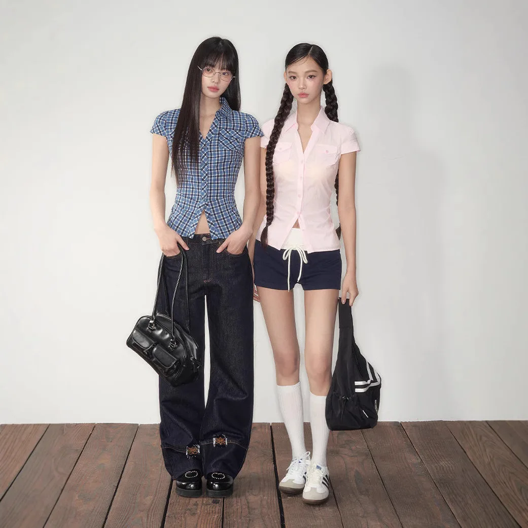 بلوزة صيفية مثيرة للفتيات ذات نمط مثير نقي مع خط عنق على شكل حرف A وأكمام قصيرة وجيوب محيطة للخصر، بلوزة أنيقة للنساء #5