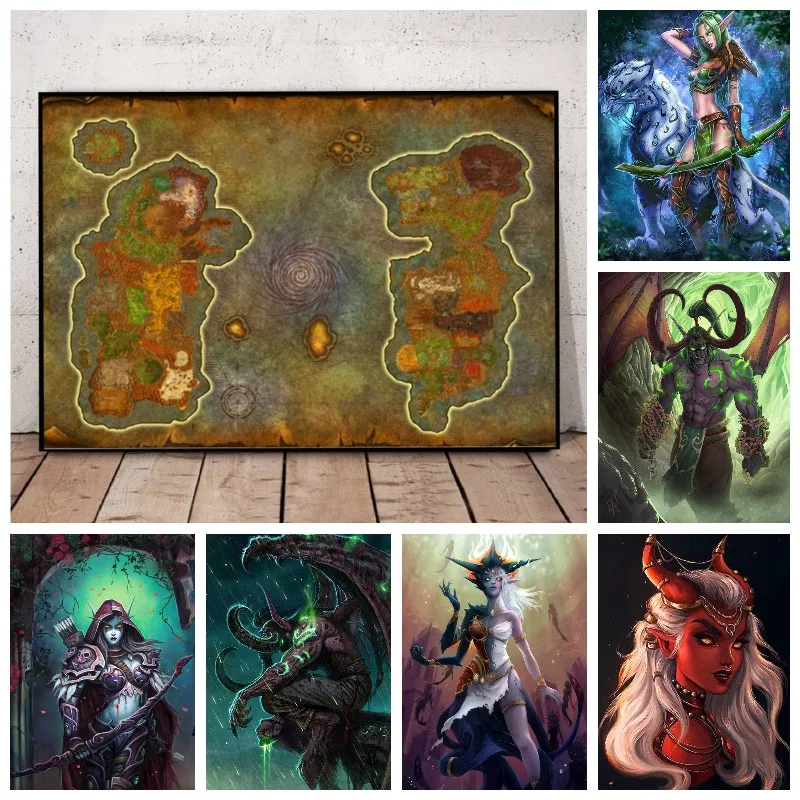 

Full Square Video Game World Of Warcraft Map Diamond Painting Cross Stitch Night Demon Hunter Sylvanas Warrior Art Home Decor