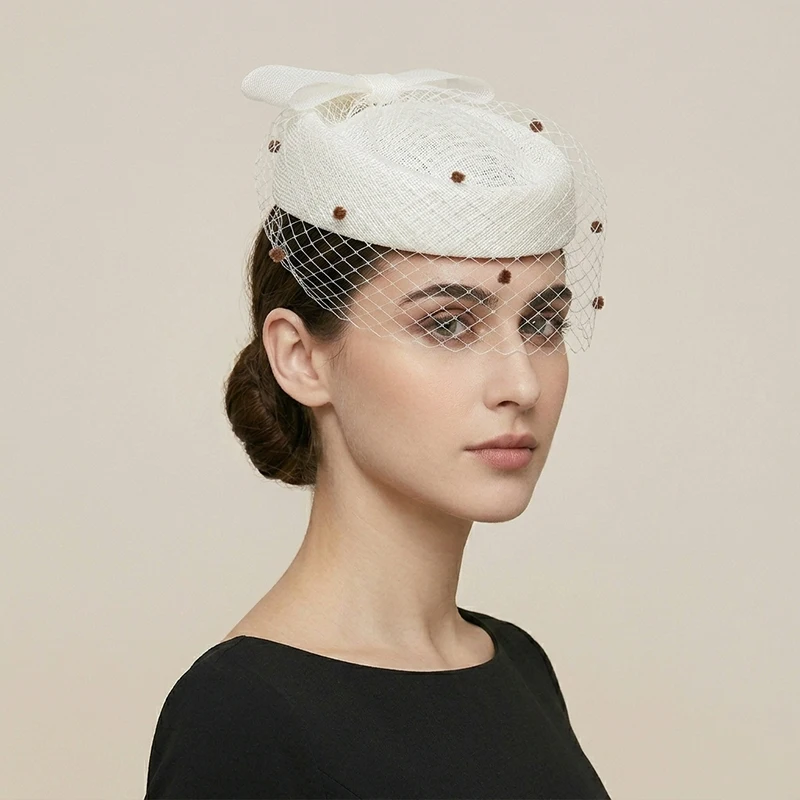 Sinamay Mesh Fascinator Pillbox Hat with Veil Bow Elegant Formal Hair Accessory for Wedding Guest Church Cocktail Party Beret