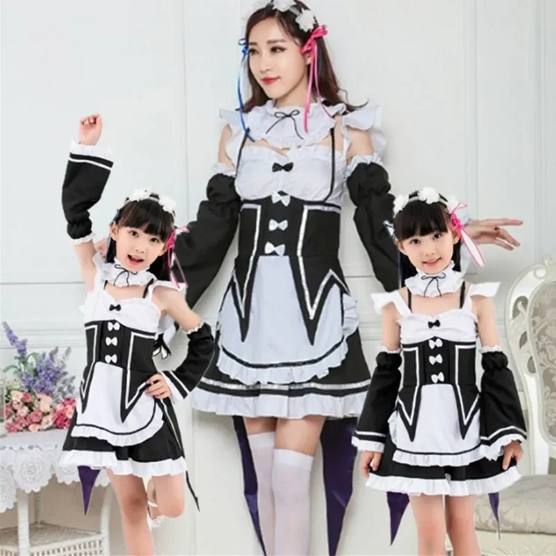 Anime Cosplay Costume Ram/Rem Kawaii Sisters Maid Servant Dress Parent-child outfit Halloween Carnival Party Dress