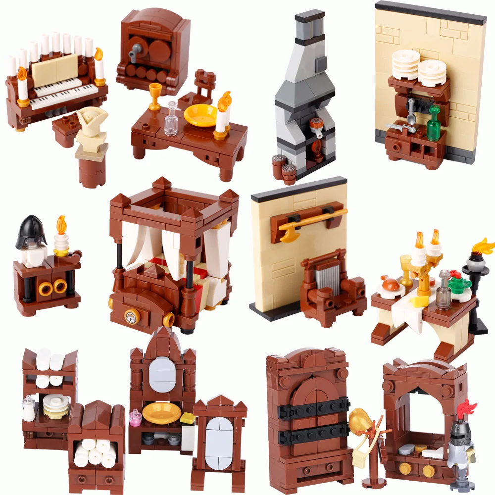 

Medieval MOC Scene Building Block House Bedroom Table Furniture Kitchen Knight Bricks Small Particle Assembly Educational Toys