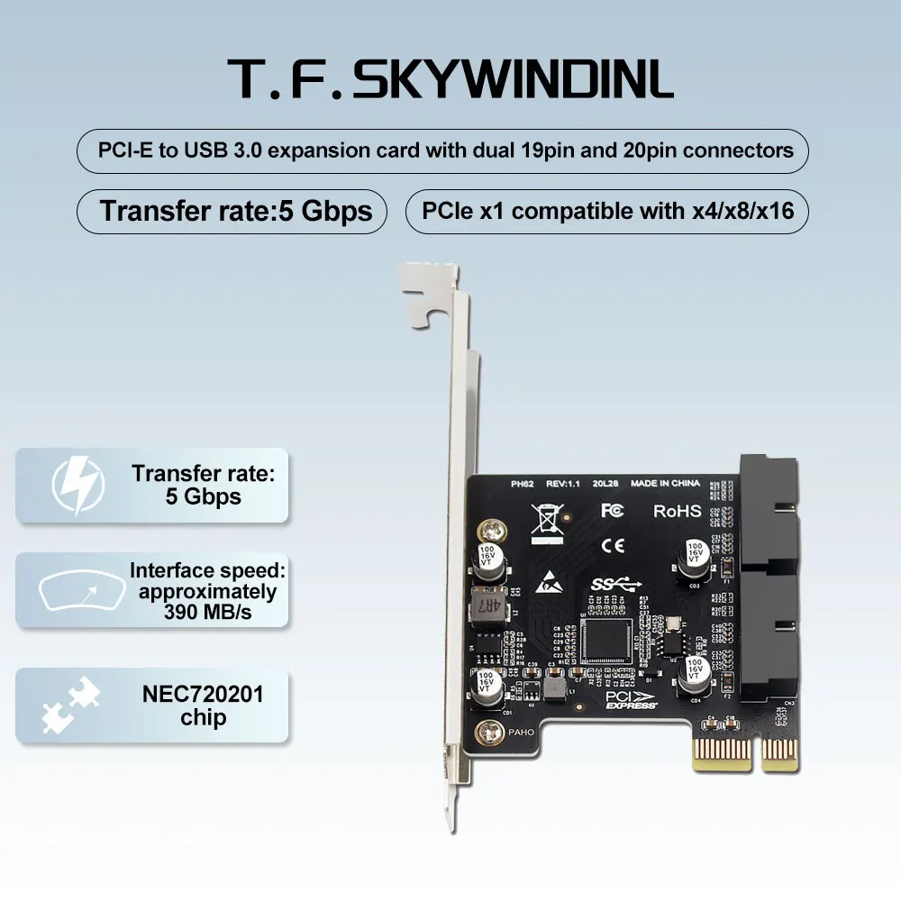 

Карта расширения с двойным разъемом PC-E — USB3.0 19/20PIN, 5 ГБ/с, высокая скорость ​ ​ Карта адаптера интерфейса PCI-E X1X4/X8/X16 на передней панели