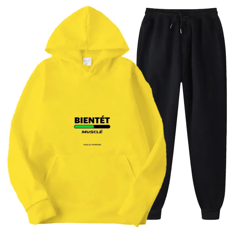 

Комплект толстовок с желтым принтом BIENTÊT MUSCLE, текстовый дизайн, повседневная спортивная одежда для мужчин и женщин, наряды для фитнеса и спортзала