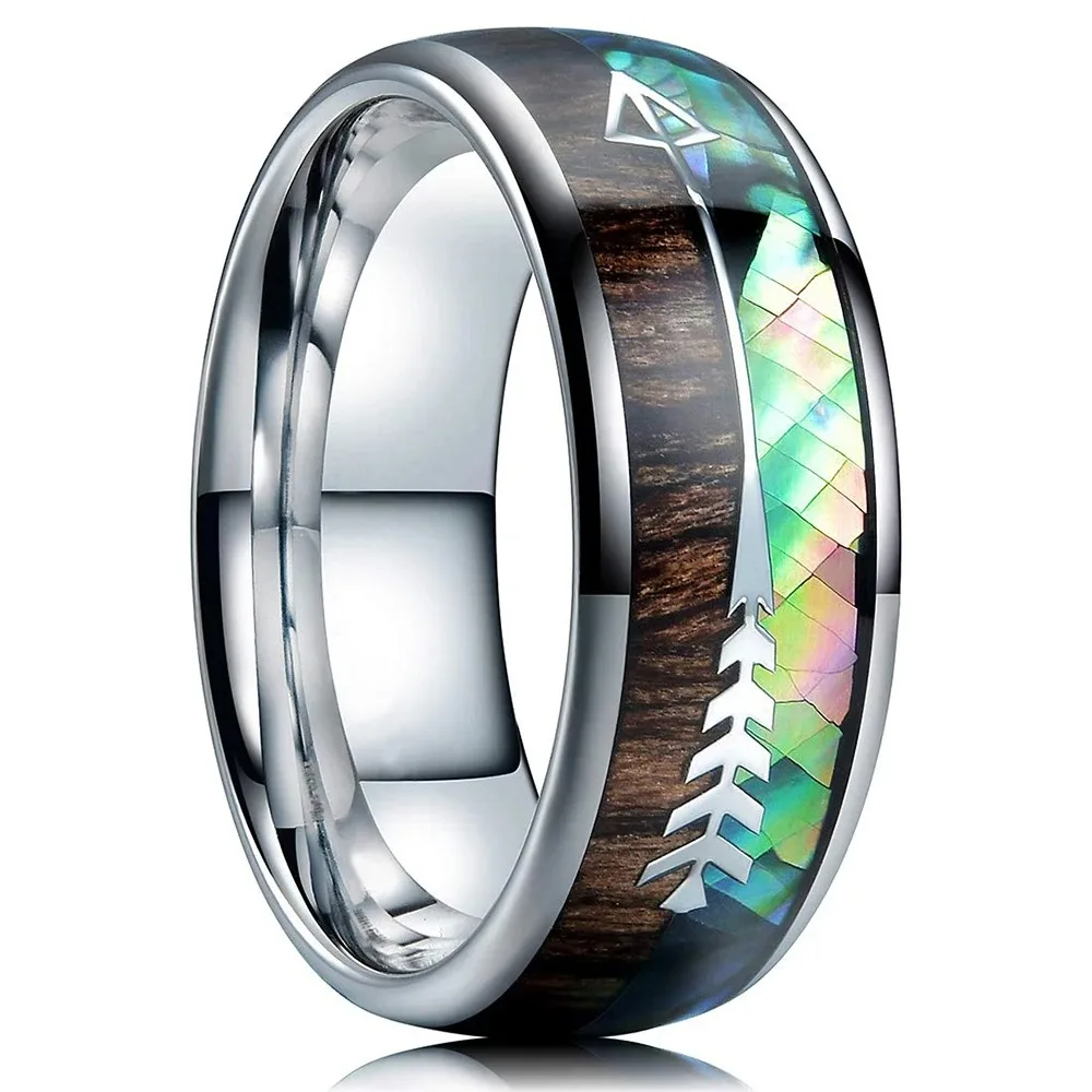 Fashion 8mm Men Stainless Steel Arrow Rings Inlay Rainbow Abalone Shell Koa Wood Rings For Men Women Wedding Band Jewelry Gift