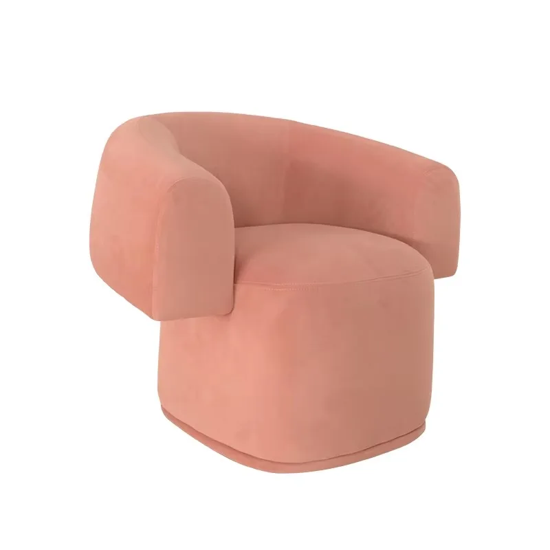 Modern minimalist rotating comfortable single sofa chair with curved backrest made of velvet fabric and wooden legs