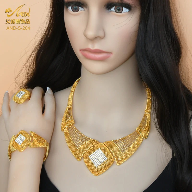 

African Gold Plated Jewelry Sets For Women Nigerian Indian Bridal Wedding Collection Necklace Earrings Bracelet Rings Jewellery