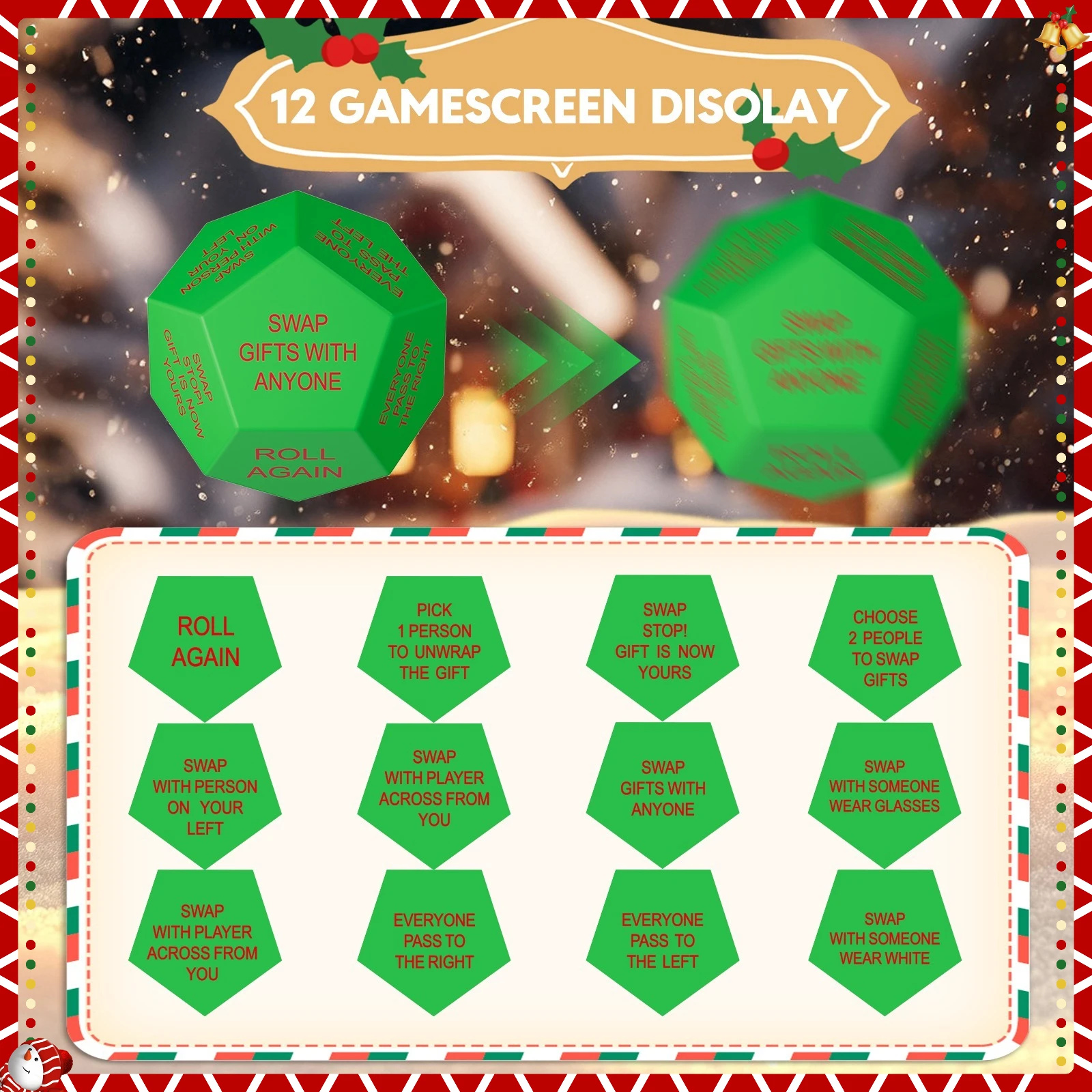 

1 upgraded version of Santa gift exchange dice - 12-sided Christmas party dice, designed for holiday games, family fun and gift