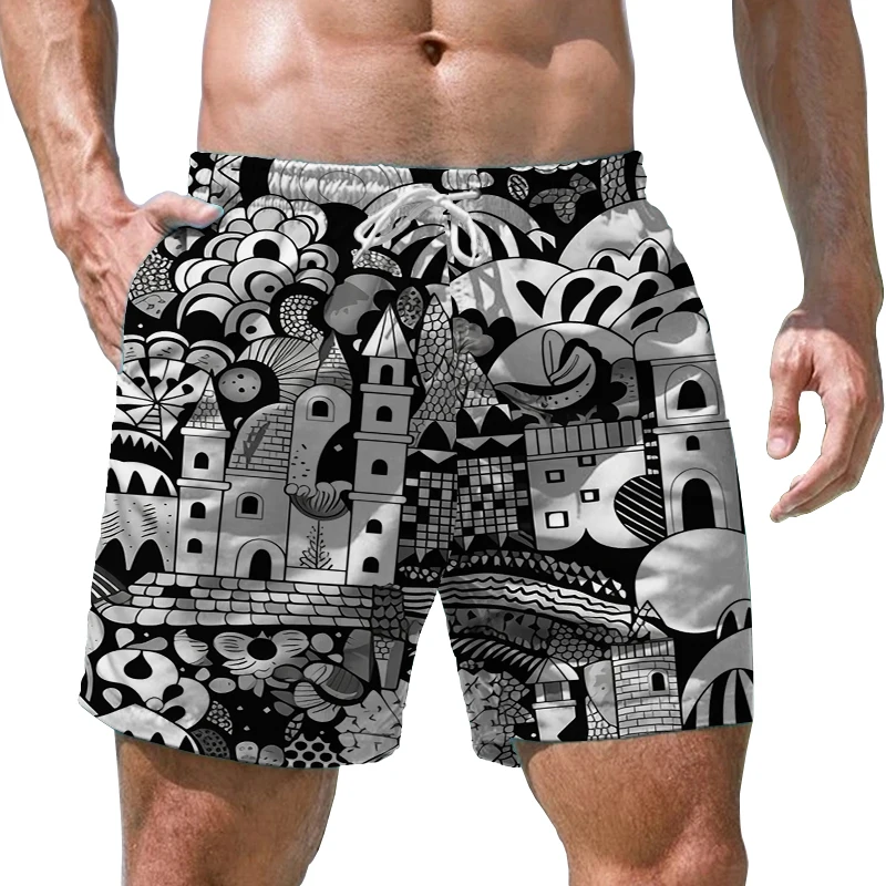 Pantaloncini da surf stampati in 3D per la casa in bianco e nero pantaloncini Casual larghi pantaloncini da vacanza al mare estivi pantaloncini da uomo ad asciugatura rapida