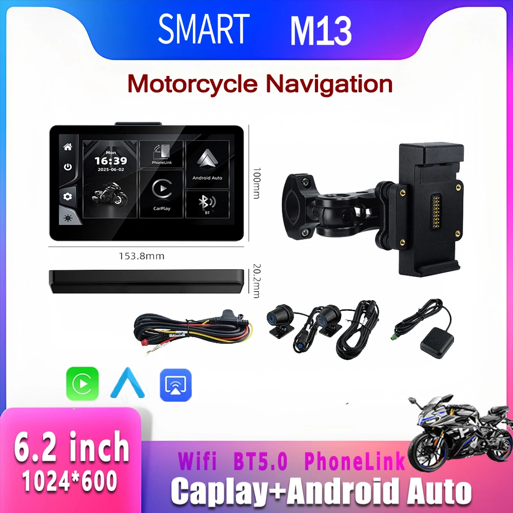 

SMART 6.2-inch Quick-release Back Clip Holder Motorcycle DVR Navigator Wireless CarPlay Android Auto Front/Rear 1080P HD Lens