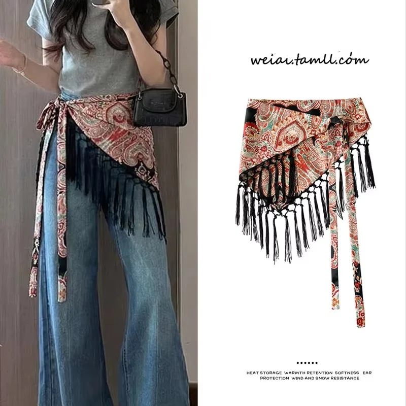 Floral Print Triangle Scarf Waist Wrap for Women, Boho Fringe Tie Waist Belt, Summer Skirt Layering Accessory