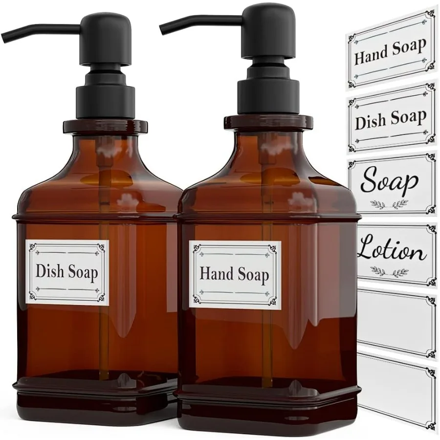 

Soap Dispenser 2 Pack Hand Soap Dispensers with 18 Oz Antique Design Thick Amber Glass Bottle 316 Rust Proof Stainless Steel Bl