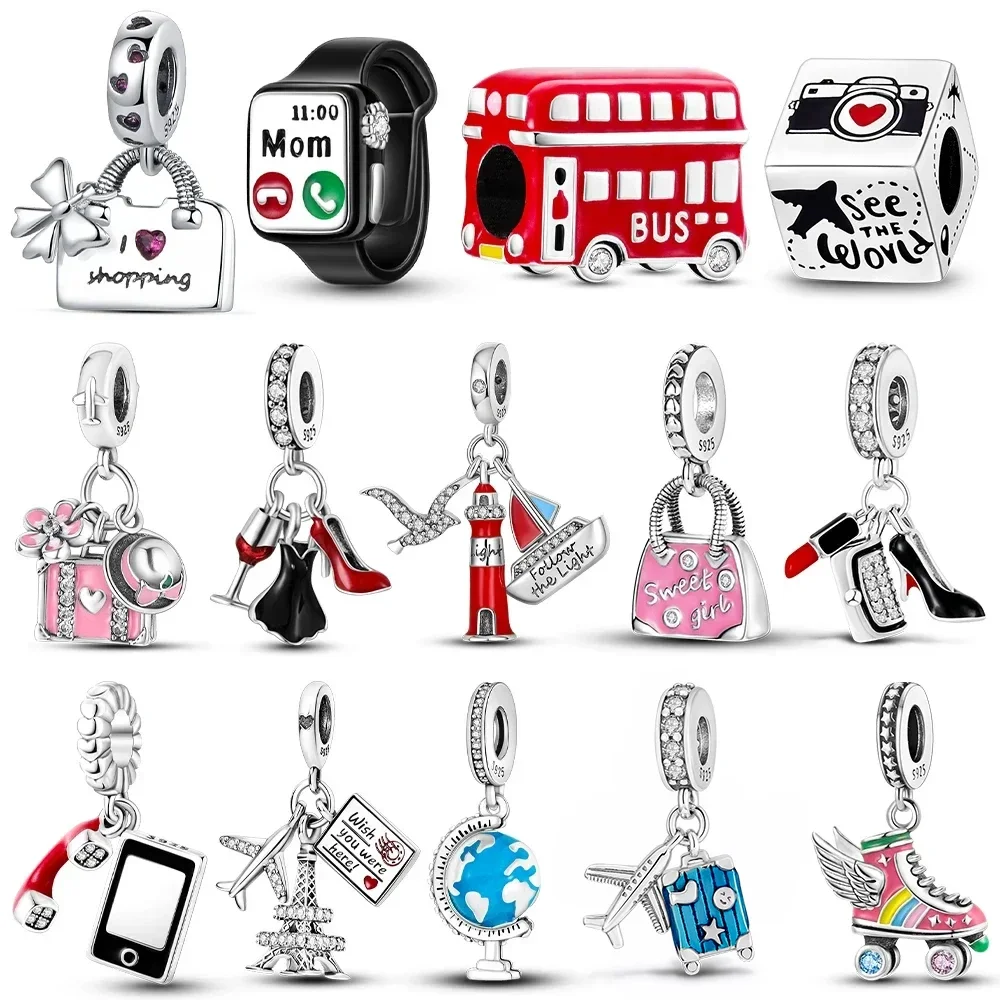 Bus Camera Globe High Heel Dangle Silver Plated Beads Original Charms Fit Bracelets Bag Keychain Charms Diy Women Gift Accessory