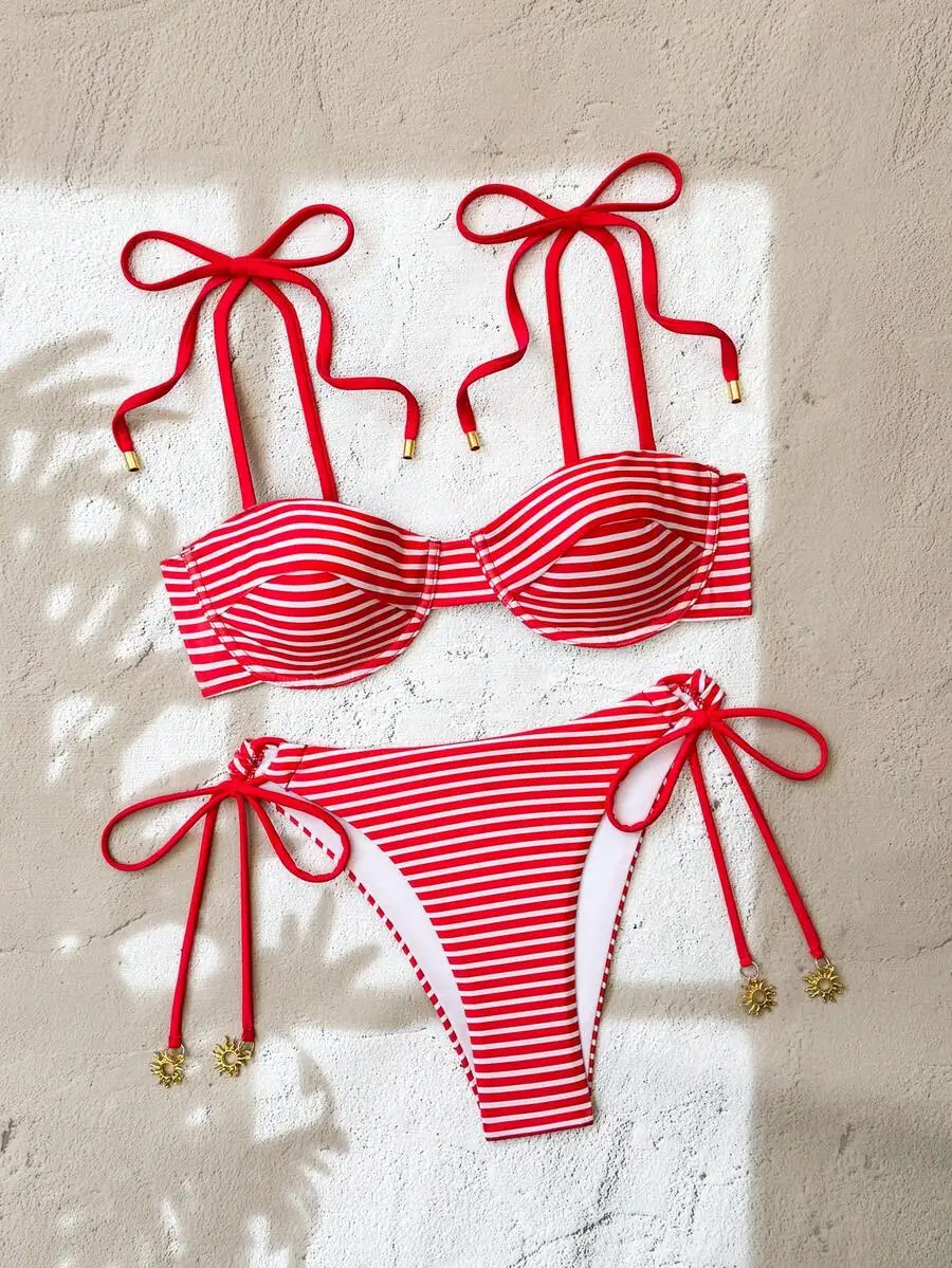 

Red Striped Two Piece Bikini Set With Tie Up Straps And Padded Bandeau Top