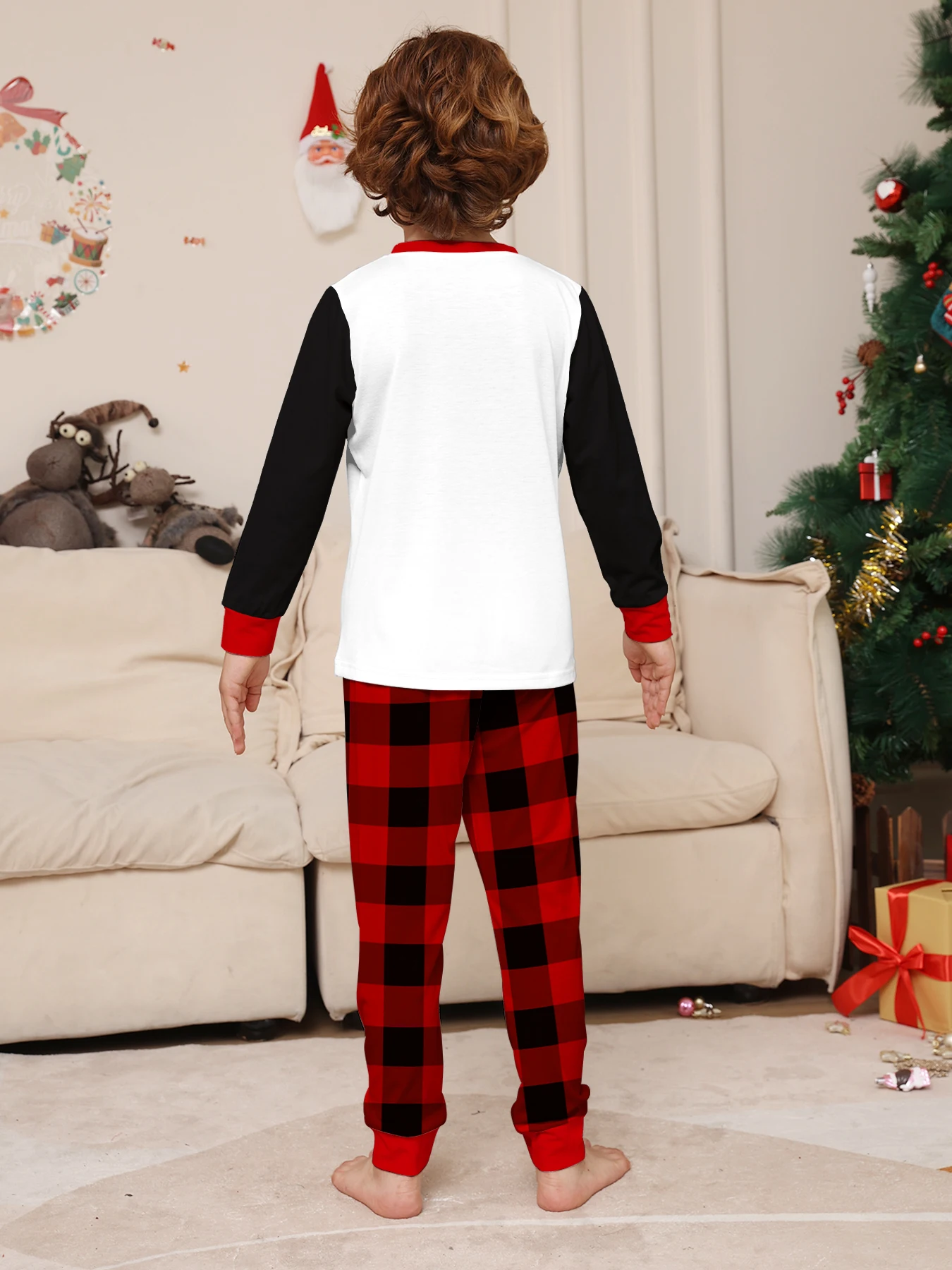 طقم بيجامات عيد الميلاد للأطفال سانتا كلوز مع أضواء حمراء وسوداء منقوشة مطبوعة ملابس نوم للأولاد والبنات