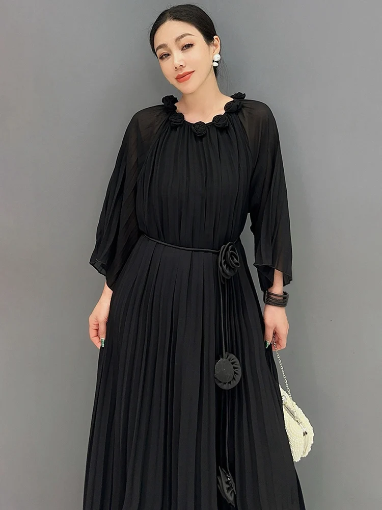 SHENGPALAE 2024 Summer New Dress For Women Flower Bract Neck Flower Bract Sleeve Lace Fold Female Big Swing Black Dresses 5C1280