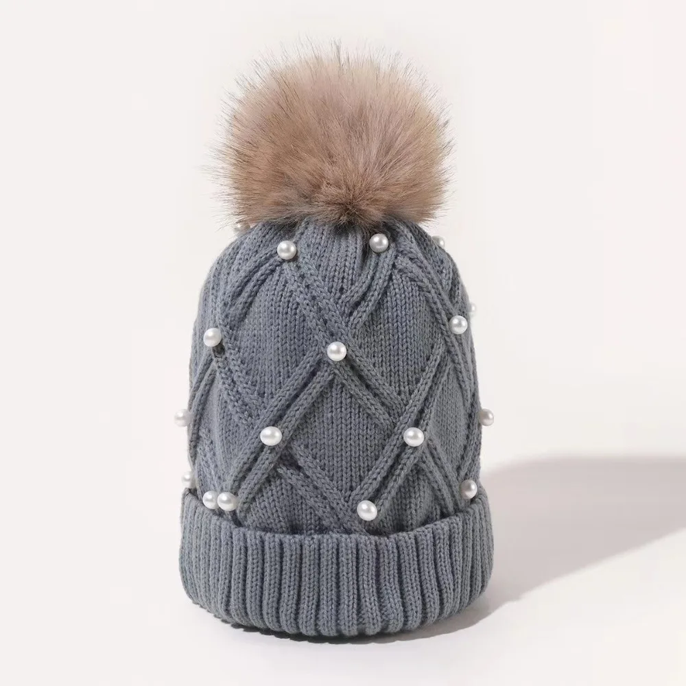 Cute with Diamond Knitted Hat Thick Flannel Warm Large Woolen Ball Women's Hat Folded Edge Solid Color Wool Hat Outdoor