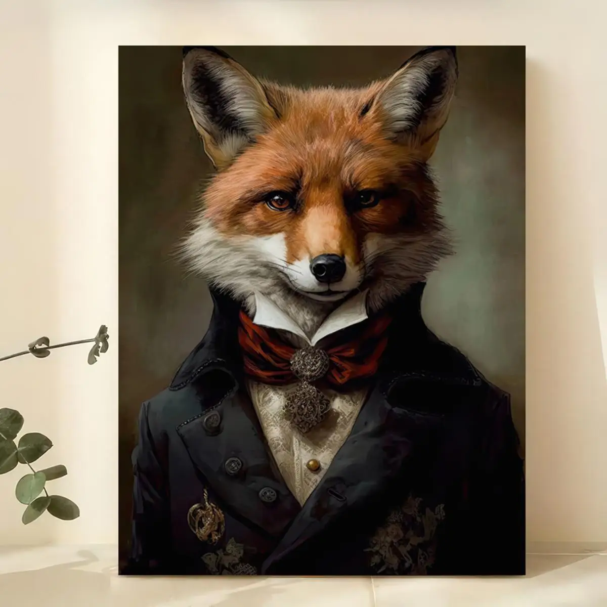 2D Flat, 2D Flat, Canvas Art Print Featuring a Vintage Victorian Fox Portrait in a Dark Academia Style, Perfect for Decoratin