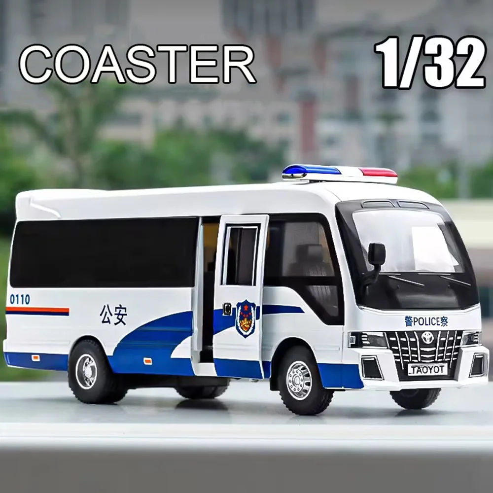 1:32 Alloy Diecast Toyota COASTER Toys Police Cars Model Rubber Tires 3 Doors Opened Vehicle Light Sound Toy Toddler Kids Gifts