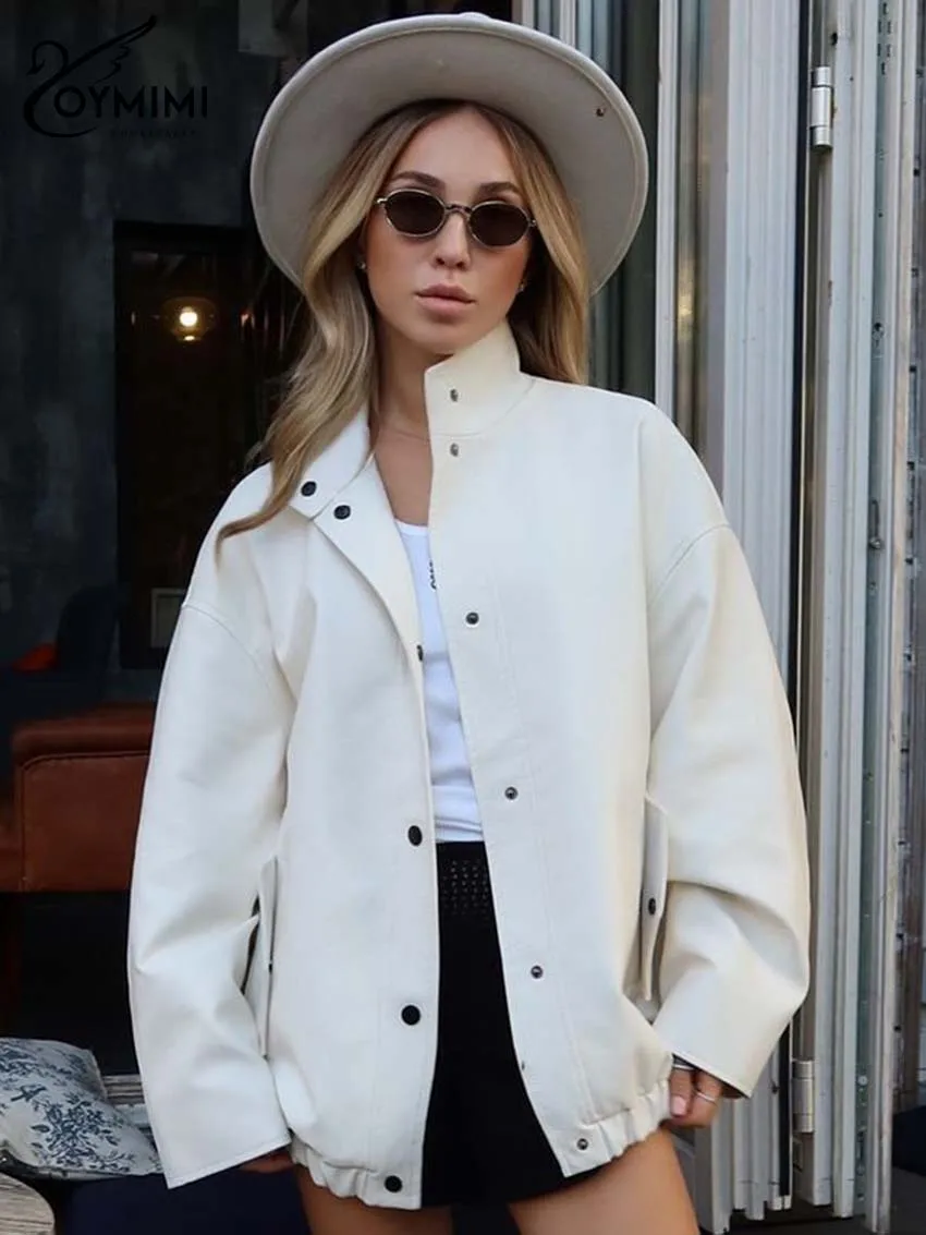 

Oymimi модные белые женские пальто из искусственной кожи, элегантные пальто с воротником-стойкой и длинными рукавами, повседневное новое однобортное пальто с карманами